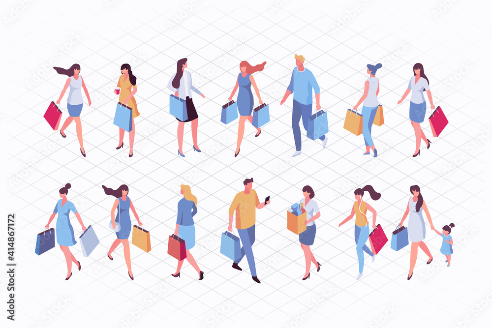 Isometric people on shopping. Men and women with shopping bag, shopping cart