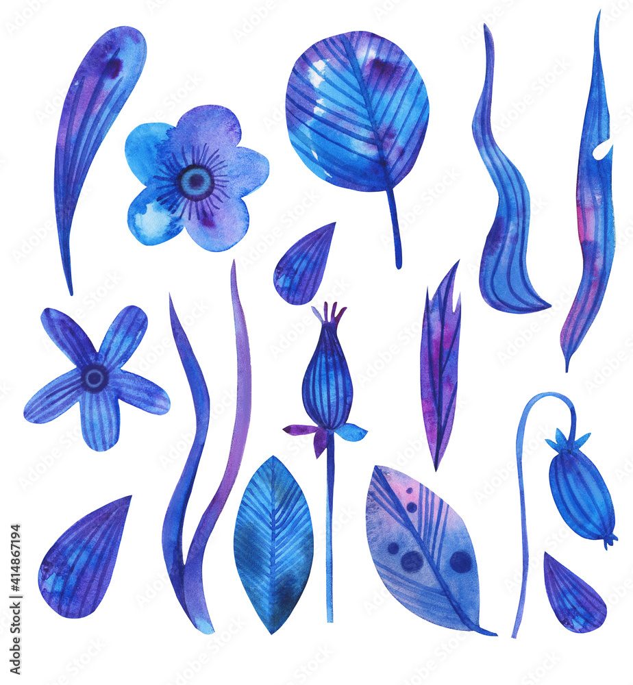 Blue floral watercolor set for decorating templates, designs, postcard or nursery textile. Rosehip, poppy, grass garden plants.