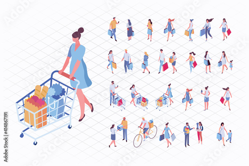 Isometric people on shopping vector set. Young Woman with shopping cart full of goods and food. Vector characters isolated on white background