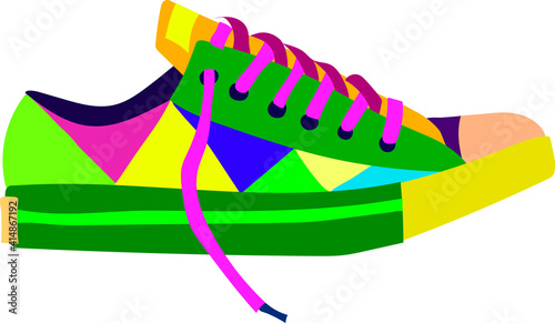 Vector image of a sneaker in flat design and applique style. The sneaker is painted in bright colors, depicted on the side.