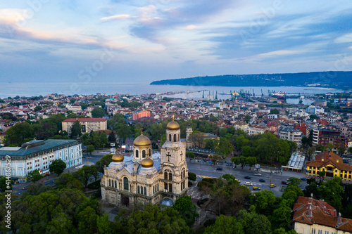 Sunset view of the Dormition of the Theotokos Cathedral in Varna, Bulgaria photo