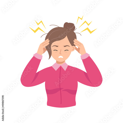 Young woman hold her head because of illness or stress at work. Flat vector cartoon style isolated