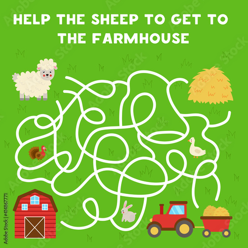 Maze with cartoon sheep and barn. Logical game for kids.