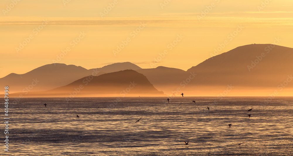 Picturesque arctic seascape. Mountains on the sea coast. Beautiful golden lighting at sunrise. Provideniya Bay, Bering Sea, Russian Far East. The nature of Chukotka and Siberia. Travel and sea cruises