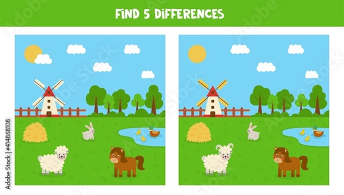 Find 5 differences between farm pictures. Game for kids.