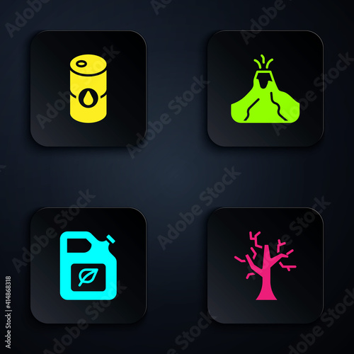 Set Withered tree, Barrel oil, Bio fuel canister and Volcano eruption with lava. Black square button. Vector.