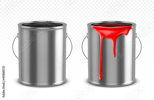 Paint can, tin bucket with red dripping drops, empty and filled metal pots, silver colored containers with dye for renovation works isolated on transparent background, Realistic 3d vector illustration