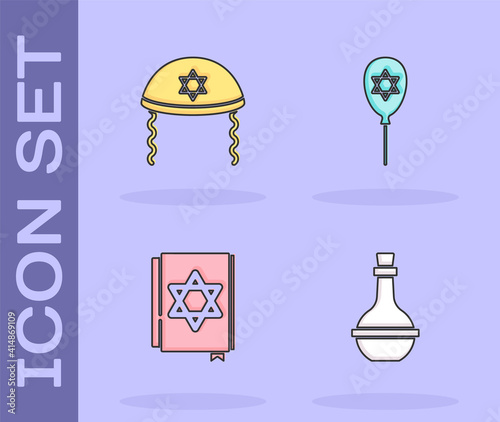 Set Jewish wine bottle, kippah, torah book and Balloon with star of david icon. Vector.