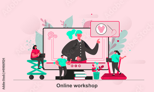 Online workshop web concept design in flat style. Online training with teacher scene visualization. Hobby courses and thematic webinars. Vector illustration with tiny people characters in situation.