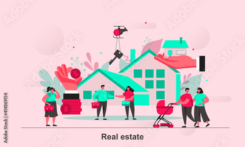 Real estate web concept design in flat style. Real property purchase, rent and mortgage scene visualization. Real estate agency ad. Vector illustration with tiny people characters in life situation.