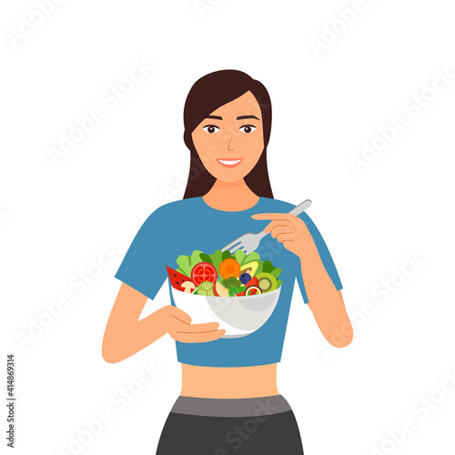 Woman eating salad for diet and good health in flat design. Vegetable and fruit salad bar healthy food concept vector illustration on white background. Vegetarian meal.