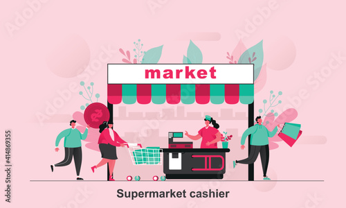 Supermarket cashier web concept in flat style. Supermarket buyers and cashier behind counter with cash register scene visualization. Vector illustration with tiny people characters in life situation.