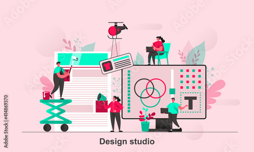 Design studio web concept design in flat style. Designers teamwork with web project scene visualization. Creative agency workshop. Vector illustration with tiny people characters in life situation.