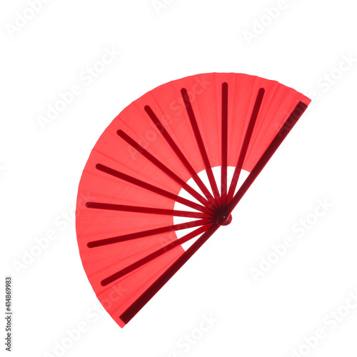 Red hand fan isolated on white  top view