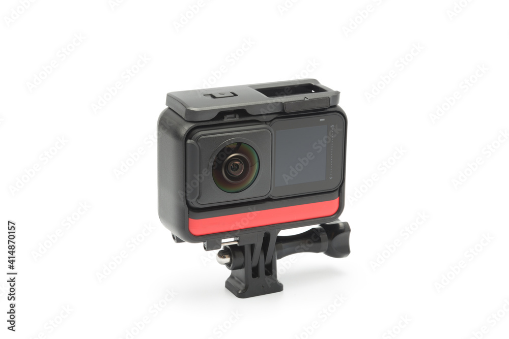 360 degree panoramic action camera. insta 360, in a special frame for mounting on a tripod. isolated on white. copy space. close-up 360 degree panoramic action camera. insta 360, in a special frame for mounting on a tripod. isolated on white. copy space. close-up