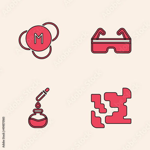 Set Gaseous, Molecule, Safety goggle glasses and Test tube and flask icon. Vector.
