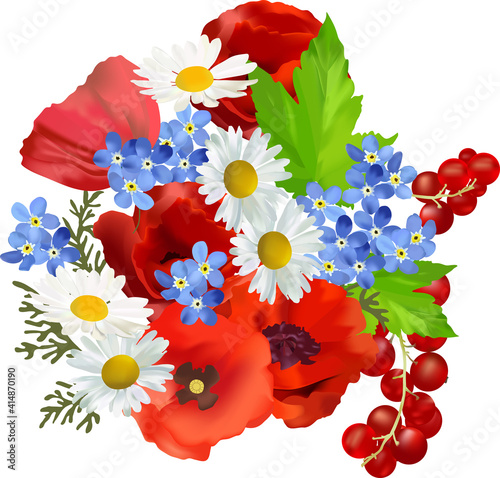Bouquet of flowers and sprigs of red currant 