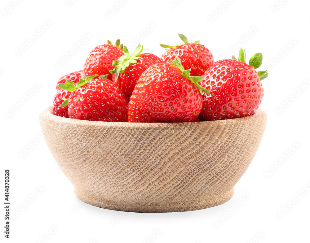 Fresh red strawberries in wooden bowl isolated on white Fresh red strawberries in wooden bowl isolated on white
