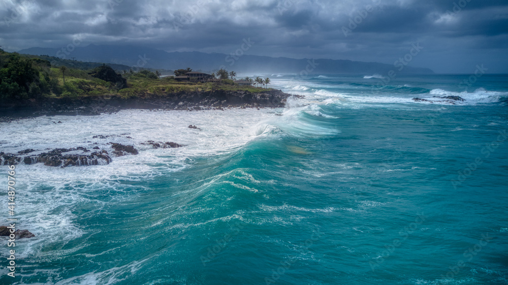 Large Waves Breaking on the Rocks at Waimea Bay, Hawaii 