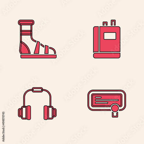Set Certificate template, Slippers with socks, Book and Headphones icon. Vector.