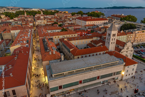 Sunset aerial view of archaeological museum and church of Sait Marija in Zadar, Croatia photo