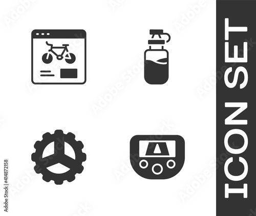 Set Gps device with map, Bicycle rental mobile app, sprocket crank and Sport bottle water icon. Vector.