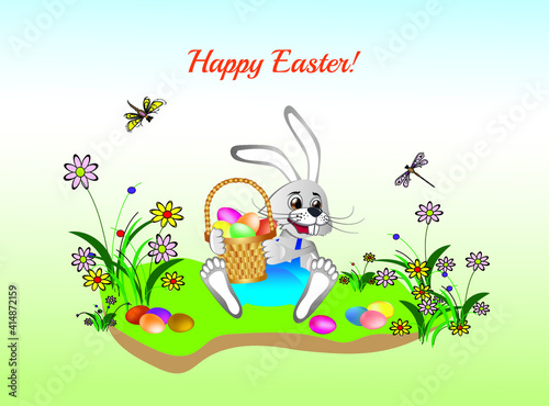 A cute cartoon rabbit sits on the grass among flowers and holds a basket with colored Easter eggs. Vector drawing with the wish of Happy Easter. 