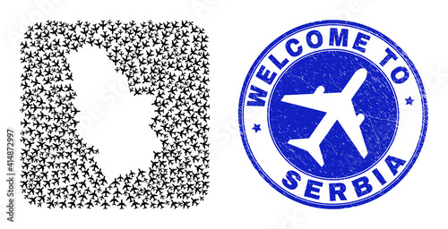 Vector collage Serbia map of airlines elements and grunge Welcome seal. Collage geographic Serbia map designed as carved shape from rounded square shape with sky jets.