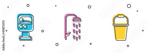 Set Pressure water meter, Shower and Bucket icon. Vector.