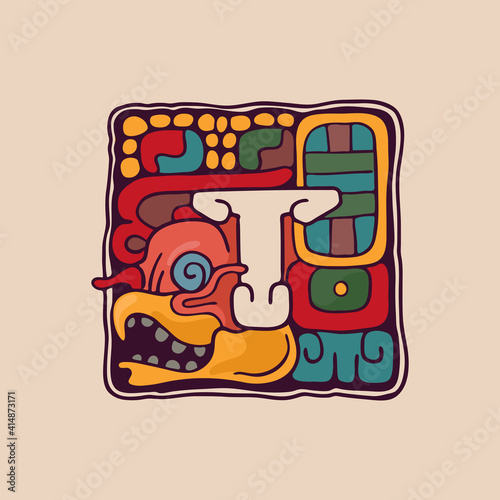 Letter T logo in Aztec, Mayan or Incas style.