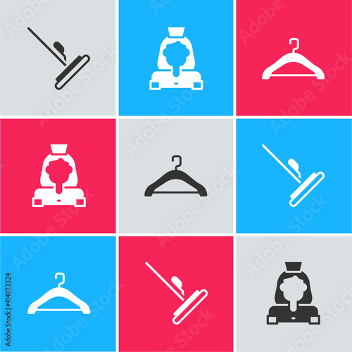 Set Mop, Cleaning lady service and Hanger wardrobe icon. Vector.