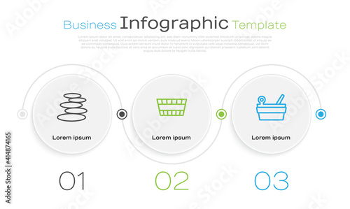 Set line Stack hot stones, Sauna bucket and and ladle. Business infographic template. Vector.