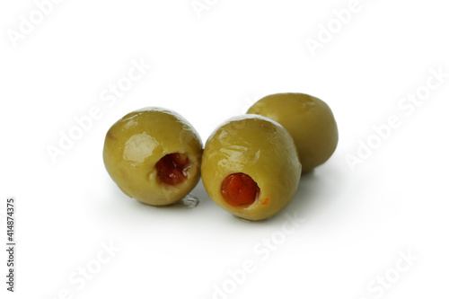 Green pickled olives isolated on white background