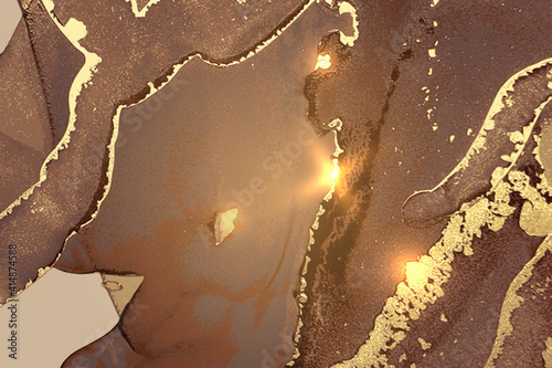 Brown and gold abstract marble texture with sparkles. Vector background in alcohol ink technique with glitter. Template for banner, poster design. Fluid art painting
