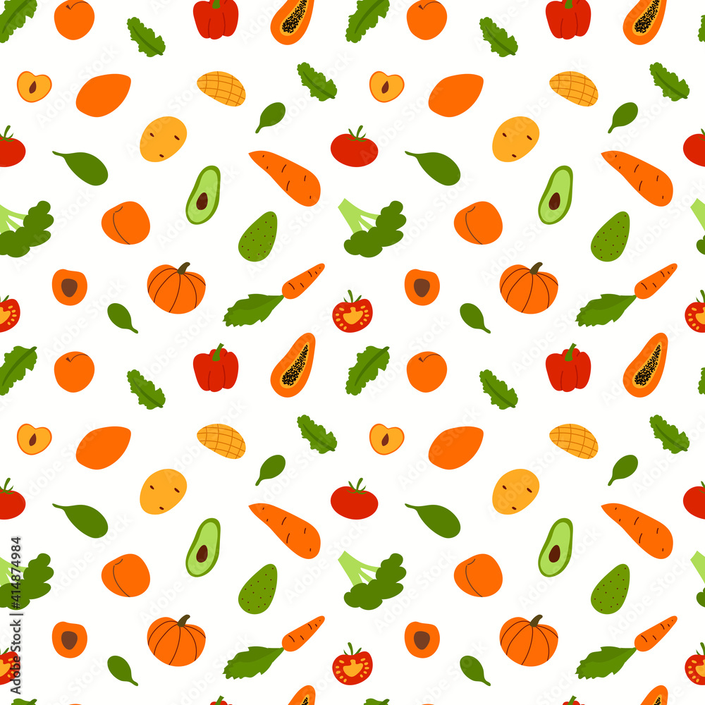 Vector seamless pattern with hand drawn cartoon veggies and fruit Vector seamless pattern with hand drawn cartoon veggies and fruit