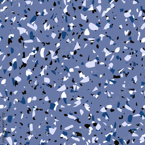Fototapeta Naklejka Na Ścianę i Meble -  Geometric blue terrazzo seamless pattern. Abstract colourful modern background. Stone fashion design for web and print. Venetian tile, flooring home decor. Chaotic pastel texture.