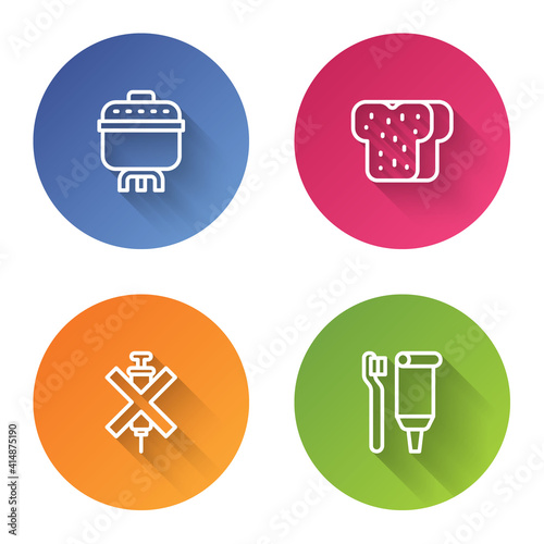 Set line Cooking pot, Bread toast, No doping syringe and Toothbrush and toothpaste. Color circle button. Vector.