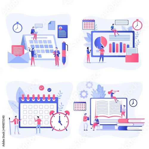 Effective time management symbols flat elements set with tasks planning training activities schedule checkpoints isolated vector illustration