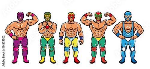 Lucha Libre Characters. Mexican Wrestler Fighters in Mask. Vector Illustration.
