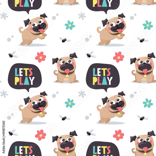 Seamless cute dog pattern with dogs, pugs, pet, puppy, paw, flowers, lets play