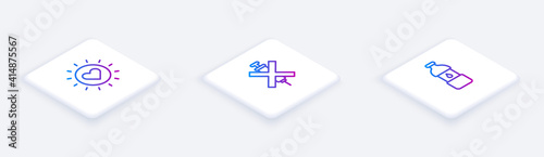 Set Isometric line Sun, No doping syringe and Bottle of water. White square button. Vector.
