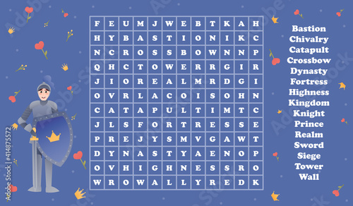 Fairytale concept word search game for kids with cartoon character - knight with sword and shield with crown sign
