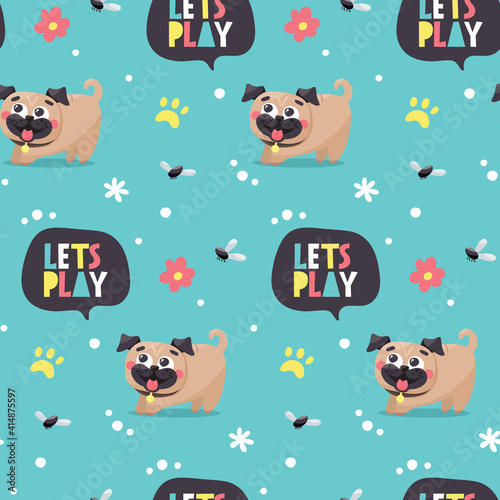 Seamless cute dog pattern with dogs, pugs, pet, puppy, paw, flowers, lets play