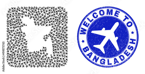 Vector collage Bangladesh map of airflight items and grunge Welcome seal. Collage geographic Bangladesh map constructed as hole from rounded square shape using air jorneys.