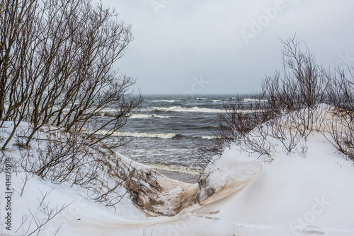 Footpath between winter Baltic Sea s dunes in Saulkrasti in Latvia photo