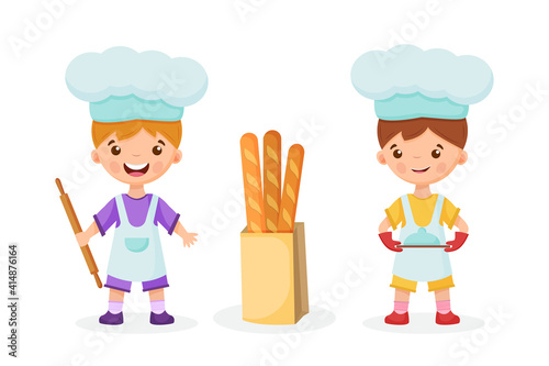 Boys bakers are holding a rolling pin and a tray with a dish. Baguette paper bag.