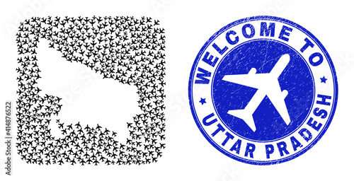 Vector collage Uttar Pradesh State map of airlines elements and grunge Welcome stamp.