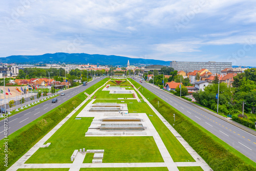 Aerial view of the park of fountains in Zagreb, Croatia photo