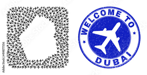 Vector collage Dubai Emirate map of airflight elements and grunge Welcome seal stamp. Collage geographic Dubai Emirate map designed as carved shape from rounded square shape with air flights.