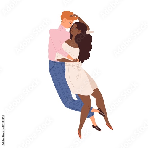 Young modern heterosexual man and woman hugging and demonstrating sexual attraction and desire. Interracial couple in love. Colored flat vector illustration isolated on white background